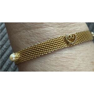 Vintage 1950’s MCM Heart Faux Pearl Goldtone Mesh 7”
 Bracelet VGC